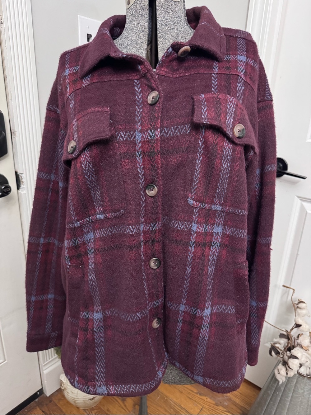 Women's Maurice’s Burgundy Plaid Button-Up Shirt Jacket 1X